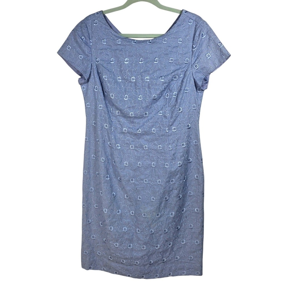 Talbots Petites Linen Sheath Dress Woman 12P Blue Embroidered Lined Short Sleeve